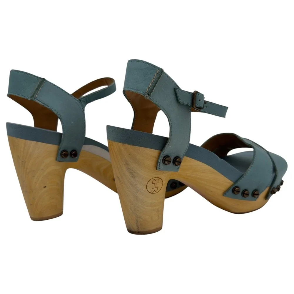 Flogg Wooden Platform Sandals‎ Teal Leather Studded Heels Women's 7.5